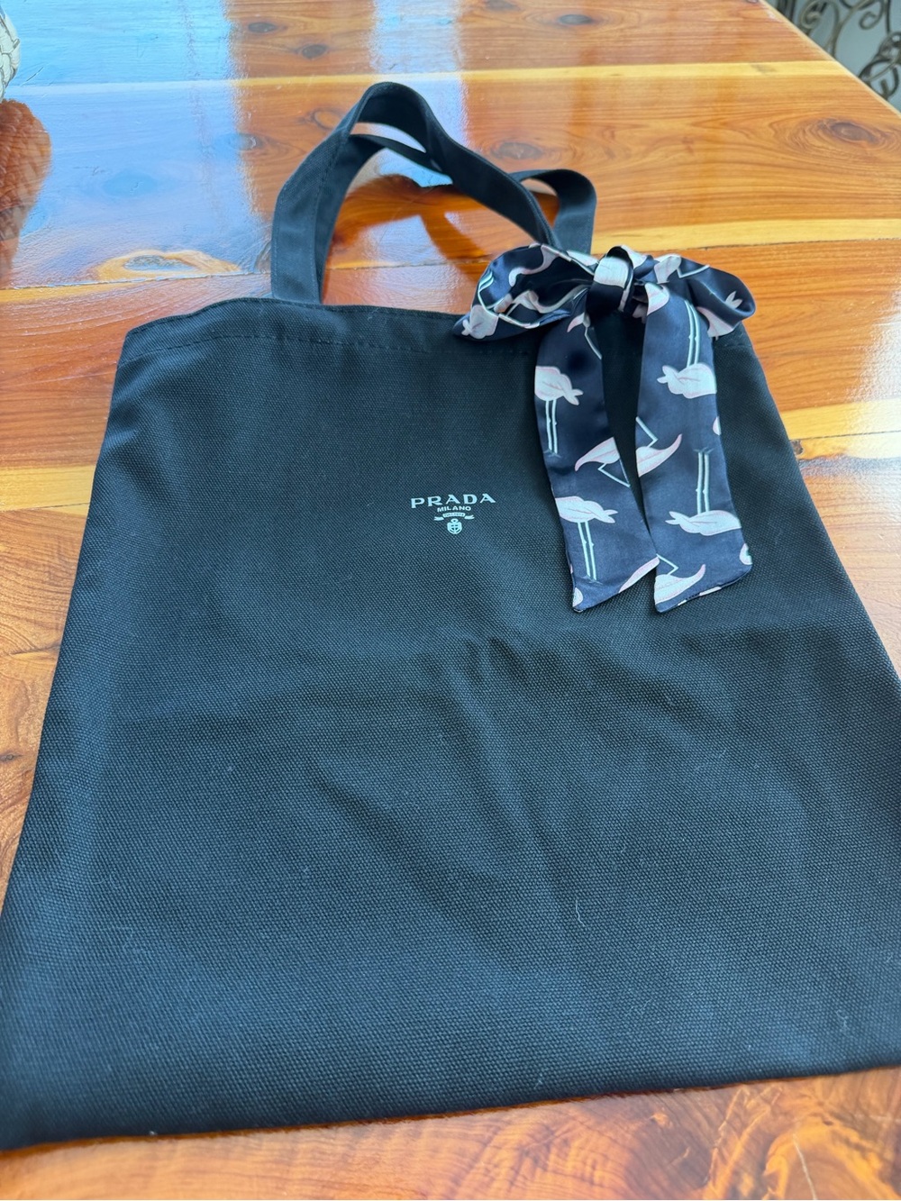 Prada Black Canvas Messenger Tote with Printed Scarf Accent